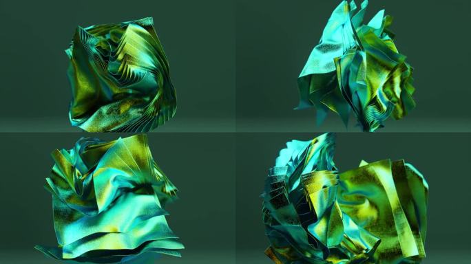 抽象的概念。闪闪发光的方形金绿色布料在孤立的背景上旋转。三维动画