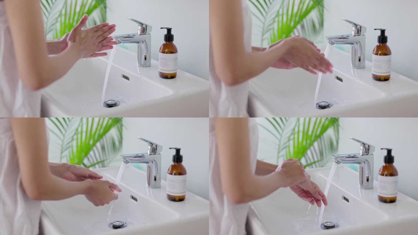 勤洗手，用肥皂和清水清洁卫生，保护细菌和安全。卫生、健康，女性在浴室水槽里清洁手指上的细菌、病毒或预
