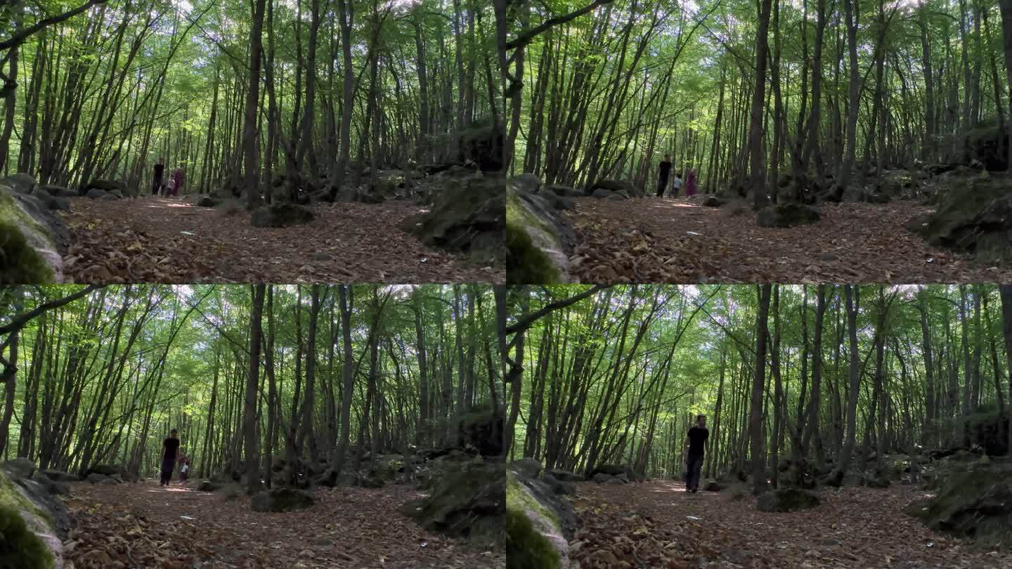 一个带着两个孩子的家庭在森林里散步的视频片段