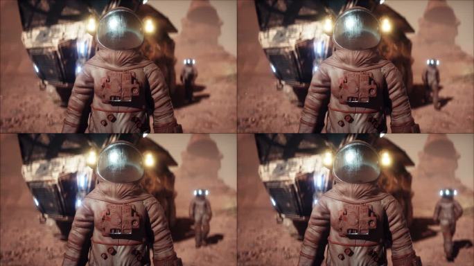 火星人，火星上的宇航员。罗孚运输。逼真的4k动画。