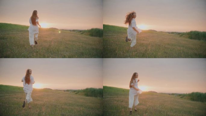 夕阳下在草地上自由奔跑的无忧无虑的女人
