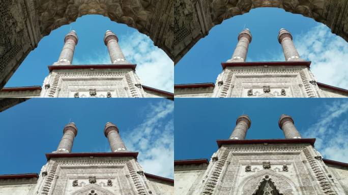 双尖塔清真寺和锡瓦斯市中心无人机视频，锡瓦斯土耳其(土耳其语)