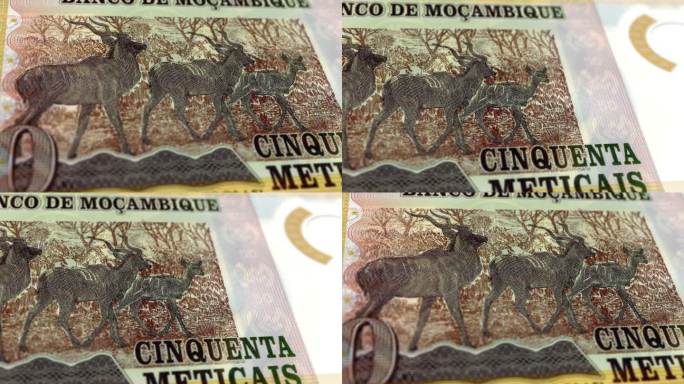 莫桑比克50张纸币，莫桑比克50张纸币，莫桑比克纸币的特写和宏观视图，跟踪和多莉拍摄50张莫桑比克纸