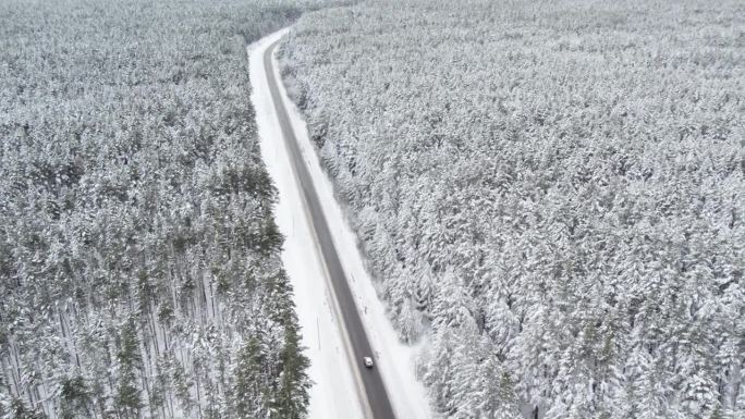 鸟瞰公路延伸到远处，冬天的森林里有雪和公路