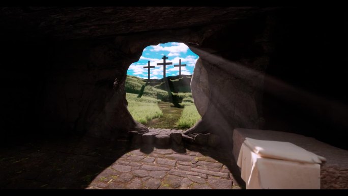 耶稣基督的复活和山上的三个十字架从坟墓里面出来