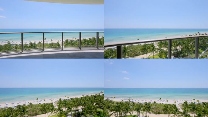 令人难以置信的观点从豪华酒店露台在大西洋天际线和绿色棕榈树在阳光岛海滩。沙滩上有很多供游客使用的躺椅