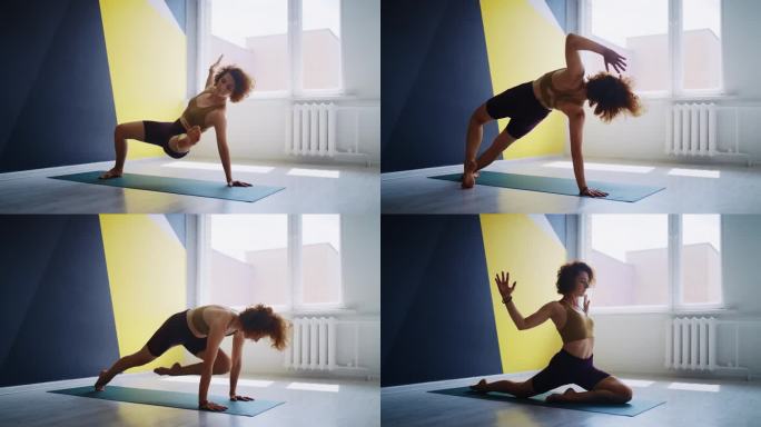 早上的瑜伽练习，年轻的成年女性在健身室独自训练，练习体式