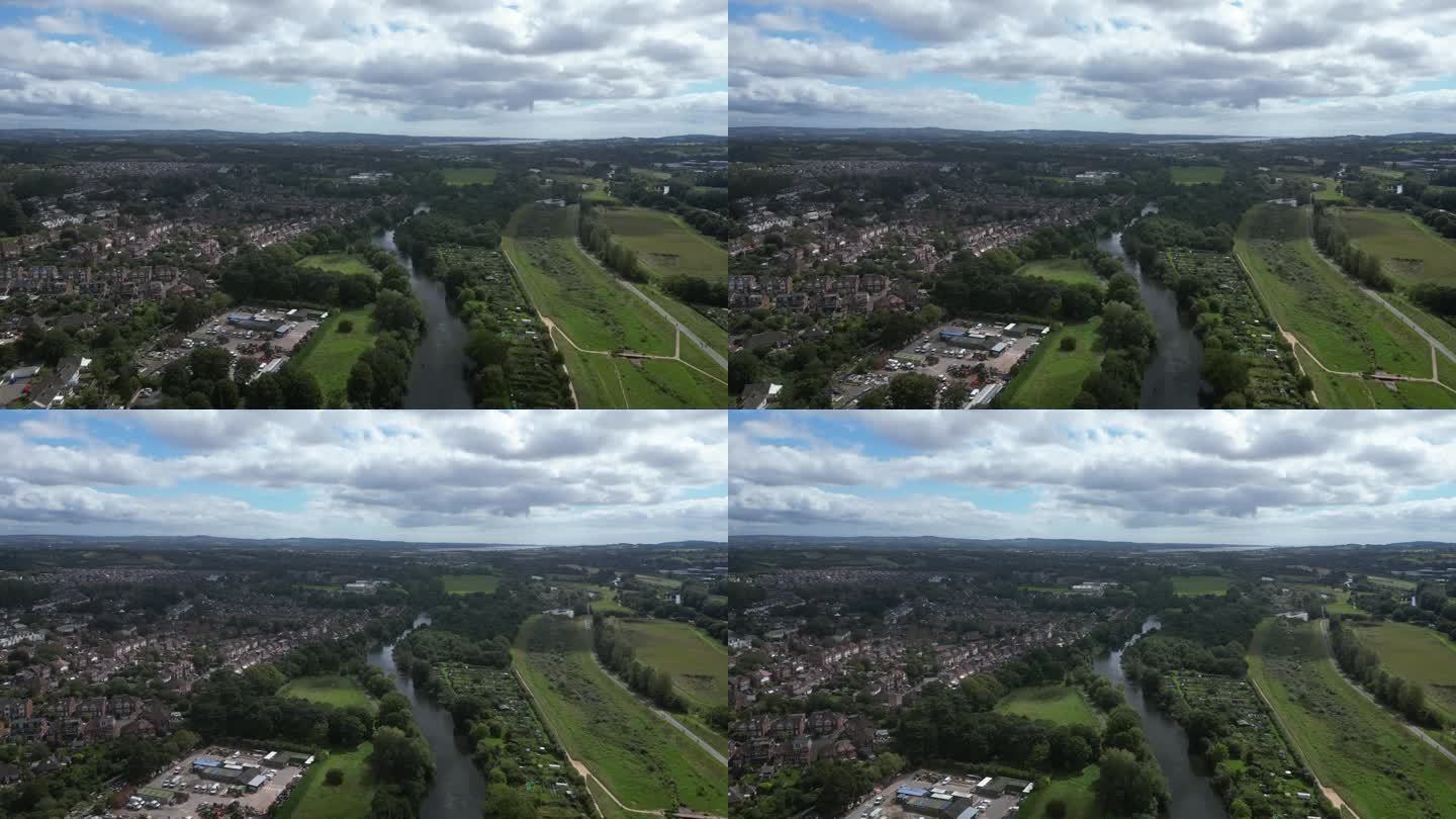 埃克塞特，南德文郡，英格兰:无人机视野:埃克塞特河，埃克塞特郊区和河滨谷公园(剪辑3)