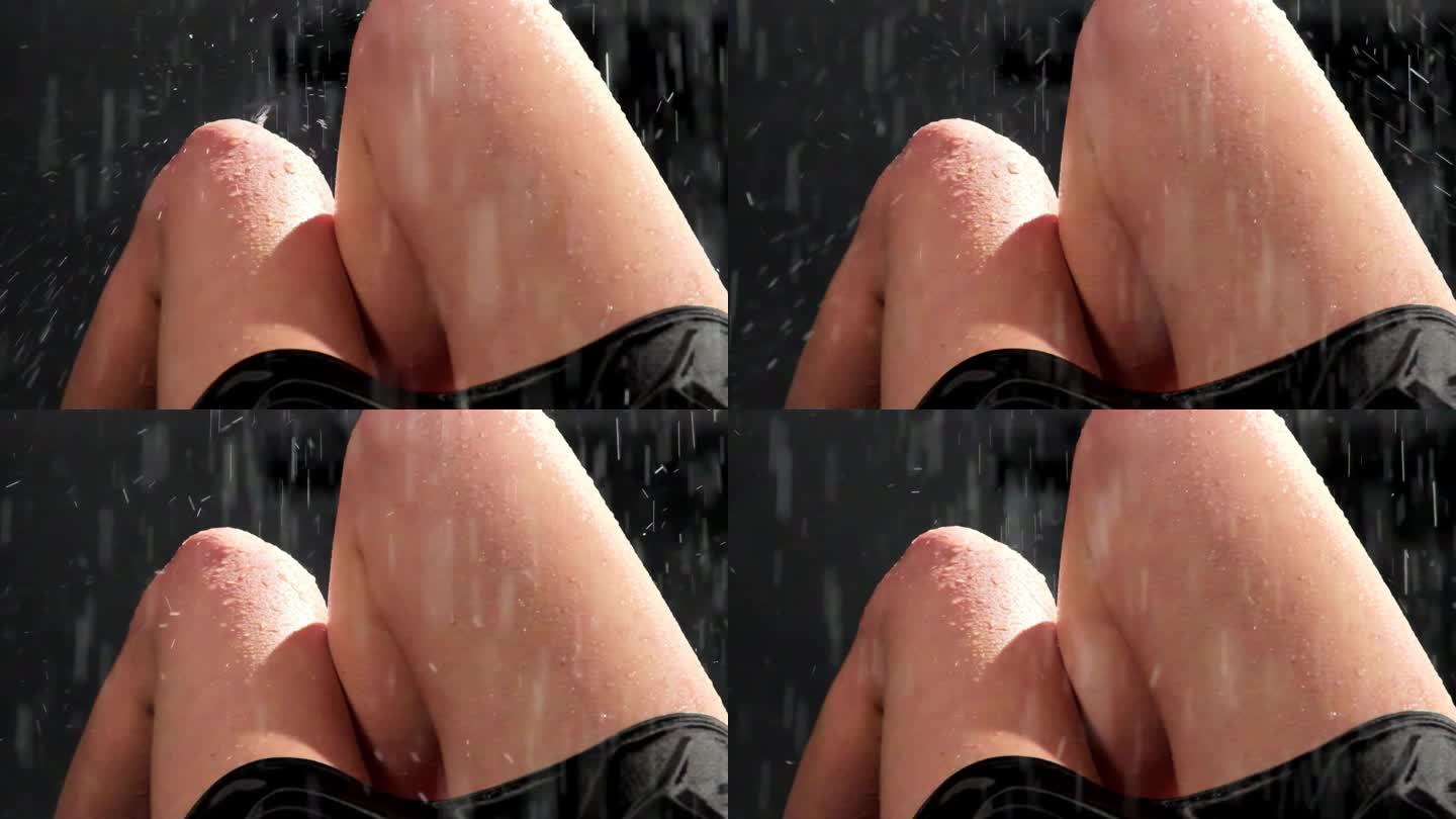 雨水慢慢地顺着黑衣女人的膝盖流下来