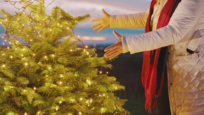 MS Woman挥动双手，打开圣诞树上的彩灯