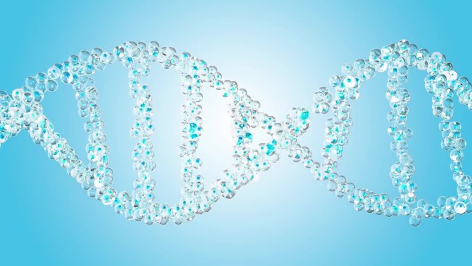 分子化学式H2O在DNA分子中来自粒子。水分子的蓝色和白色动画的蓝色和绿色屏幕背景。可用于科学或化妆