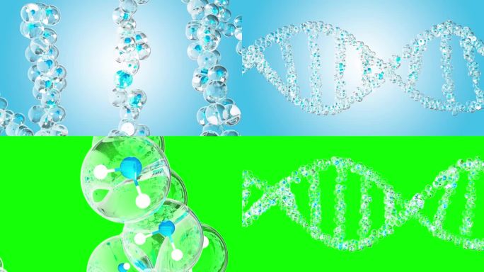 分子化学式H2O在DNA分子中来自粒子。水分子的蓝色和白色动画的蓝色和绿色屏幕背景。可用于科学或化妆