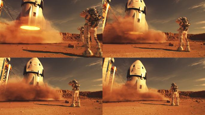 两名宇航员观看飞船降落在火星表面