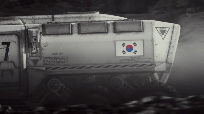 月球的太空殖民。放大带着韩国国旗的月球车，探索月球表面