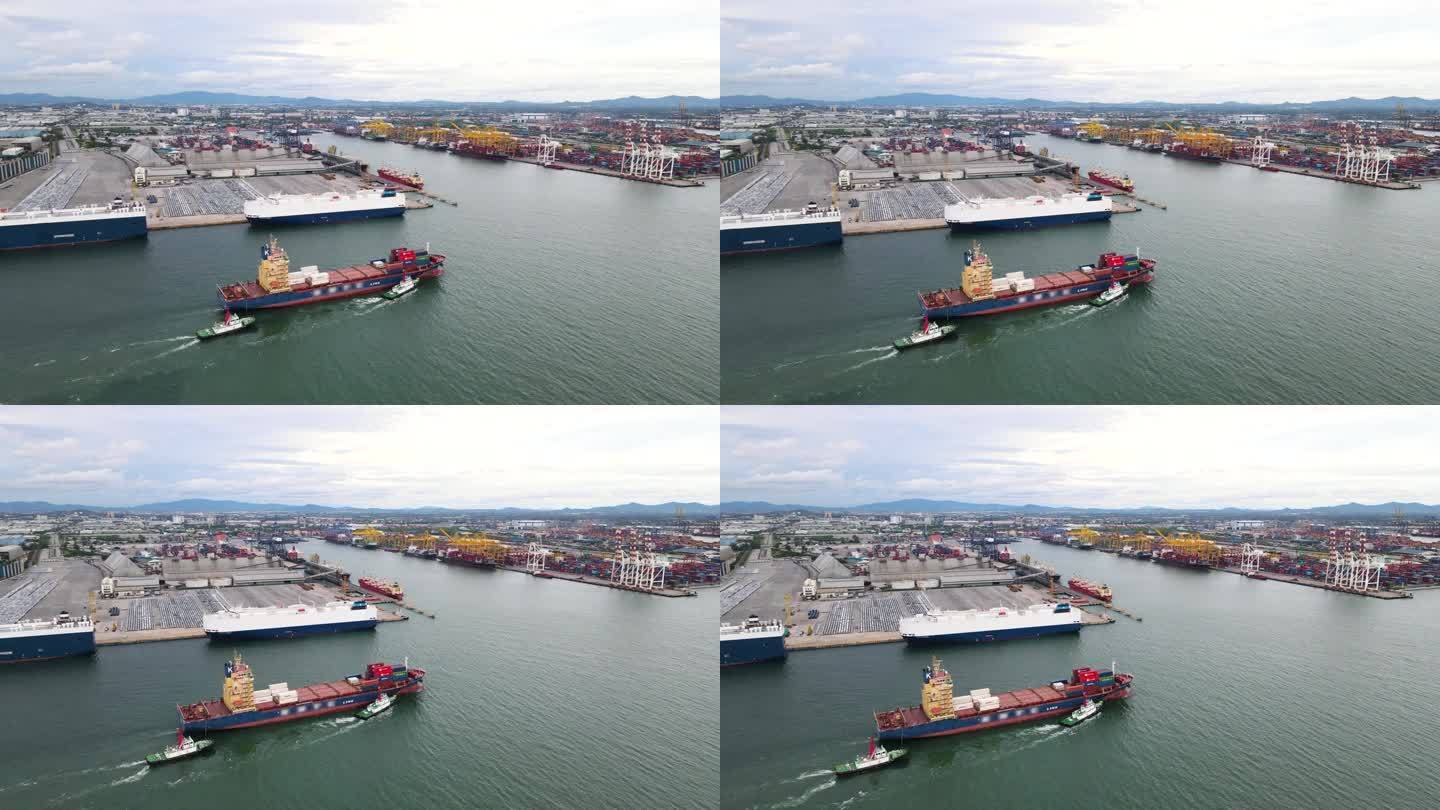 海上集装箱船航拍，集装箱船上空航拍，货物运输