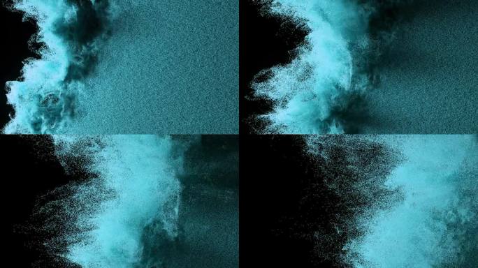 彩色粉末散落在黑色孤立的背景上。沙子。喷雾。蓝色的颜色。缓慢的运动。3 d动画。