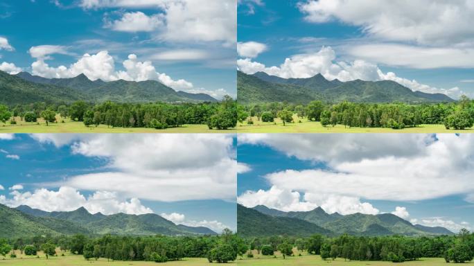 美丽的绿草与山的时间差，泰国拉廊省。