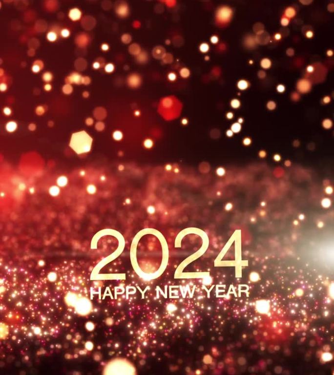 2023年新年快乐，红金粒子飞。闪闪发光的光束背景。垂直视频无缝循环。