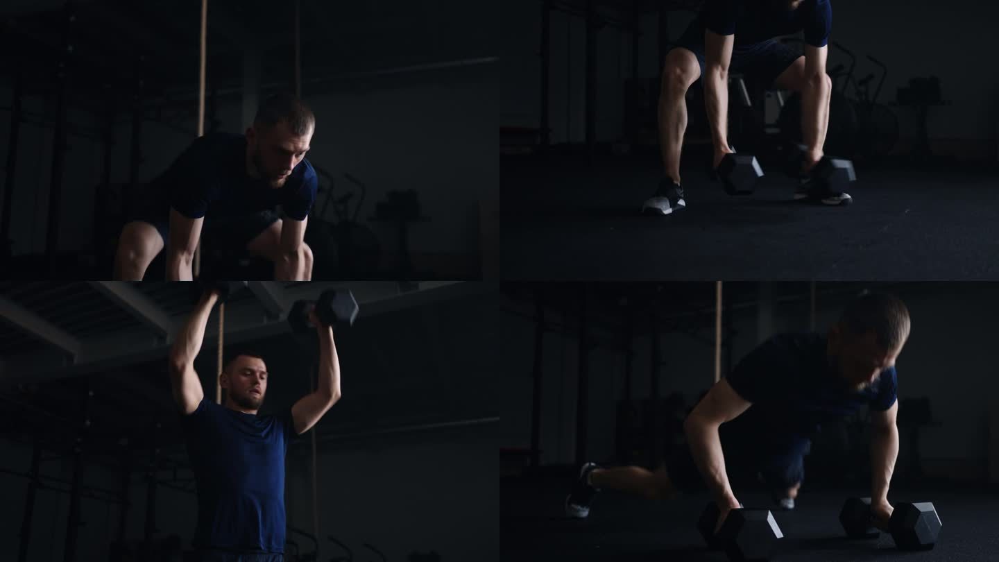 在健身房进行高强度的力量锻炼，运动员用手做俯卧撑和举哑铃