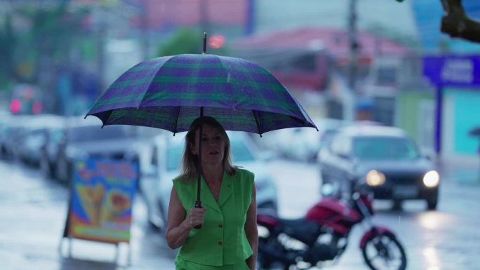 妇女在雨伞下漫步，在雨天的城市环境。撑伞人，雨中行走，防风雨