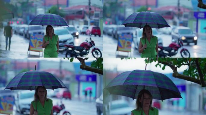 妇女在雨伞下漫步，在雨天的城市环境。撑伞人，雨中行走，防风雨
