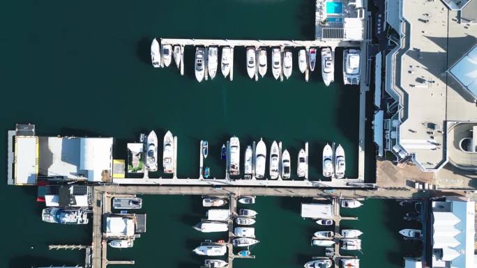 4K鸟瞰图实时俯瞰游艇，航海船，Tourboat和各种船只在黄金海岸陆地区域的港口与豪华酒店，黄金海