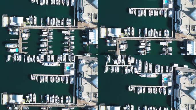 4K鸟瞰图实时俯瞰游艇，航海船，Tourboat和各种船只在黄金海岸陆地区域的港口与豪华酒店，黄金海