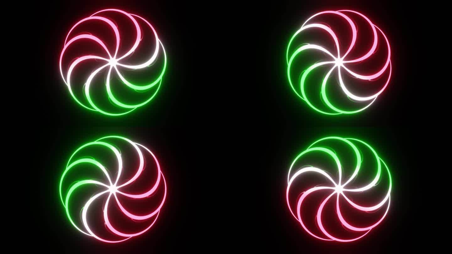 介绍动画或标志显示模板绿色和品红的颜色。无缝循环3d渲染4K。平滑的催眠模式。黑色背景上的彩色环旋转