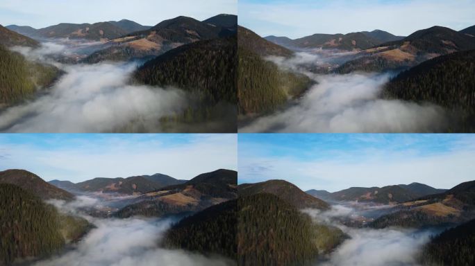 飞过山顶的云层。山峰高耸，清晨日出，自然景观优美