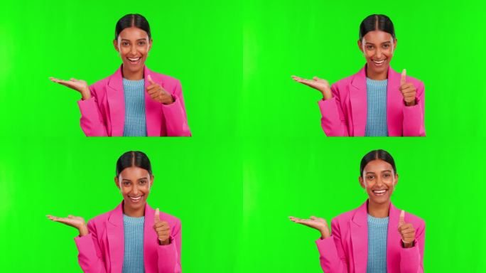 在广告工作室里，一个女人在绿屏背景上做演示、产品或竖起大拇指。肖像，是和掌纹上一个快乐的年轻女性品牌