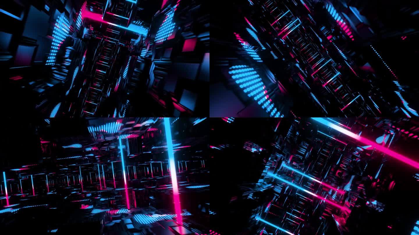 循环3d动画，VFX蓝红色隧道与多边形帧，科幻。抽象循环背景。技术，VJ概念。Led灯。明亮的未来隧