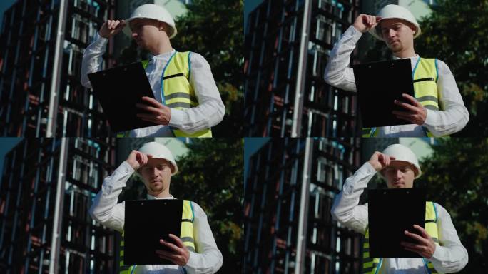 一名身穿防护服的工程师站在外面，在平板电脑的电源线上记录数据，并分析系统的运行情况。建筑工人,建筑师
