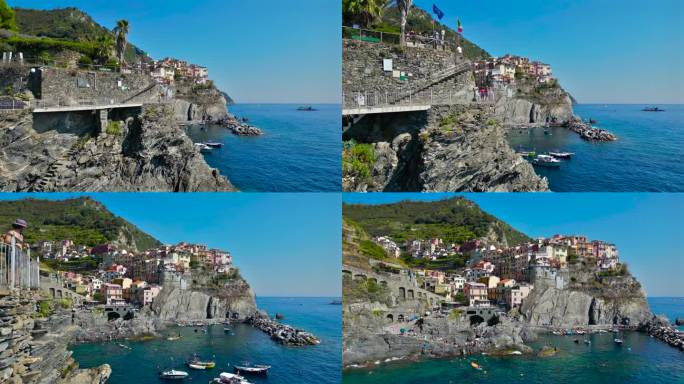 五渔村马纳罗拉市鸟瞰图，意大利利古里亚著名地标，欧洲旅游胜地，五渔村马纳罗拉多彩的岩石小镇，美丽的沿