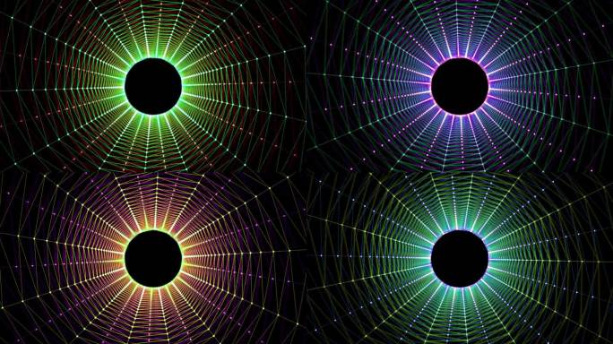 4K抽象彩色螺旋传送。穿越虫洞漩涡隧道。中心的发光球体被编织的网包围着。艺术网络空间中的催眠运动。