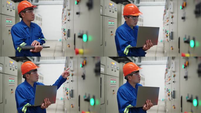 电气工程师勤奋地检查和控制开关机房的电气系统，利用先进的技术和笔记本电脑，以确保工厂电力的顺利运行。