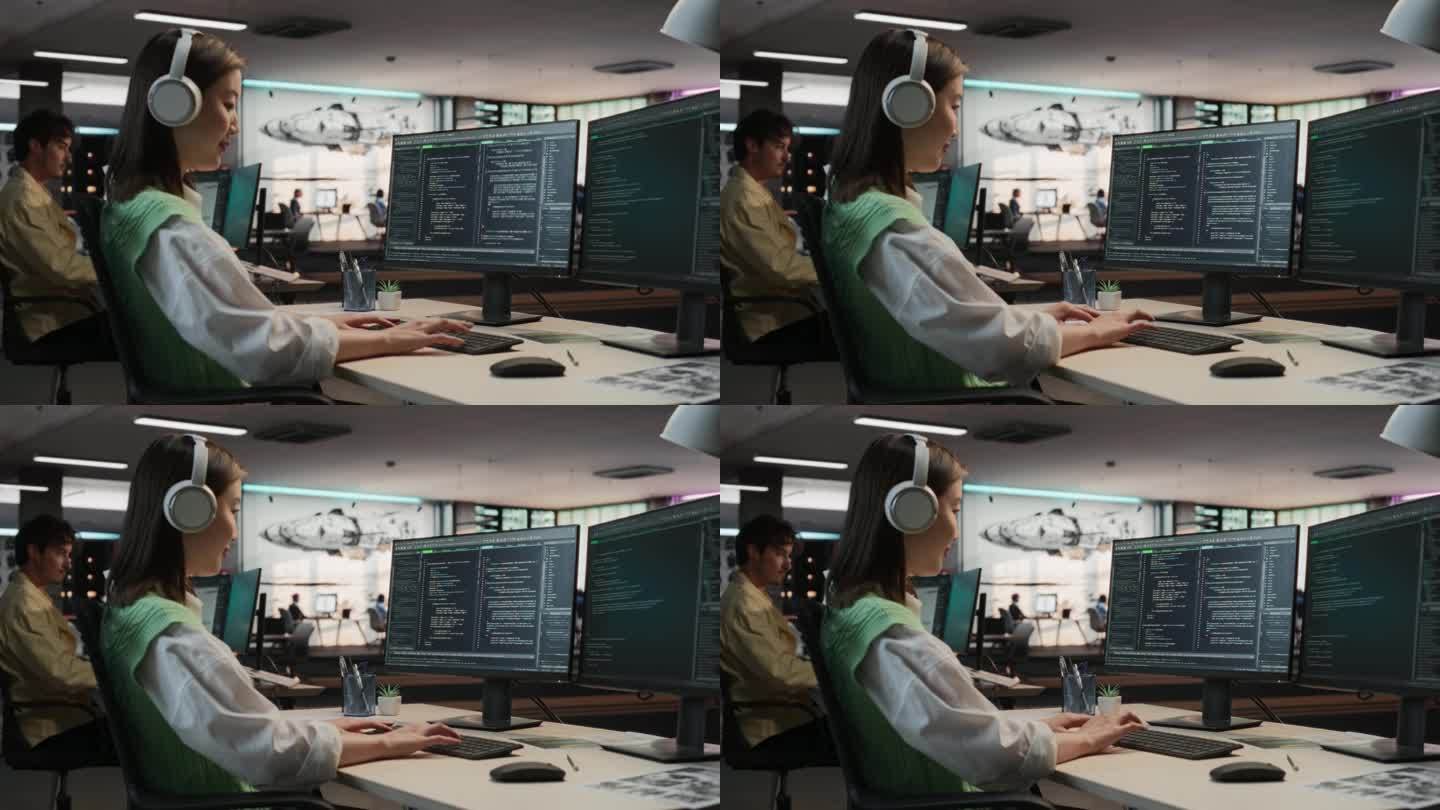 亚洲女性游戏程序员在游戏设计工作室的桌面电脑上编程。专注的女人写行代码。新沉浸式3D生存电子游戏的游