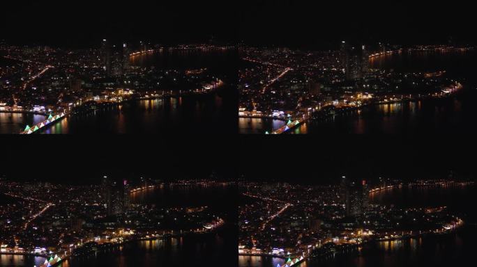 夜间城市灯光无人机视图。夜生活住宅区，航拍画面。