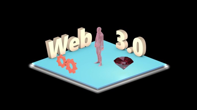 web3.0文字，霓虹效果。新技术的概念。动画齿轮，云和人。3 d动画。互联网的概念和新技术。