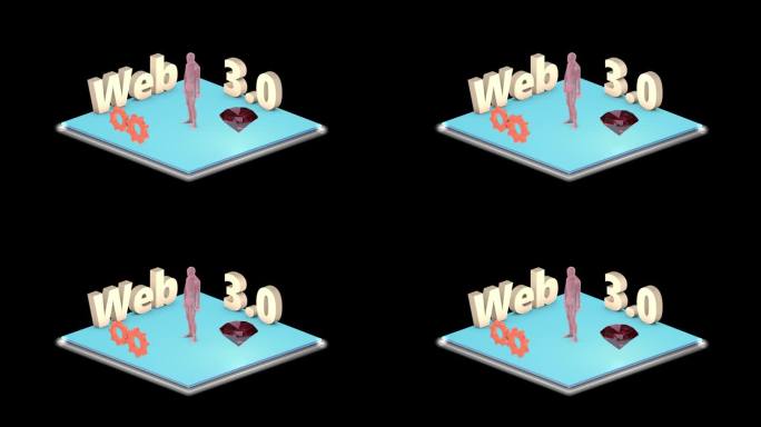 web3.0文字，霓虹效果。新技术的概念。动画齿轮，云和人。3 d动画。互联网的概念和新技术。