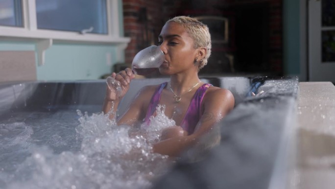 度假时水疗按摩和红酒。拉丁美洲短发女子享受葡萄酒和水疗在周末在豪华公寓的热水浴缸