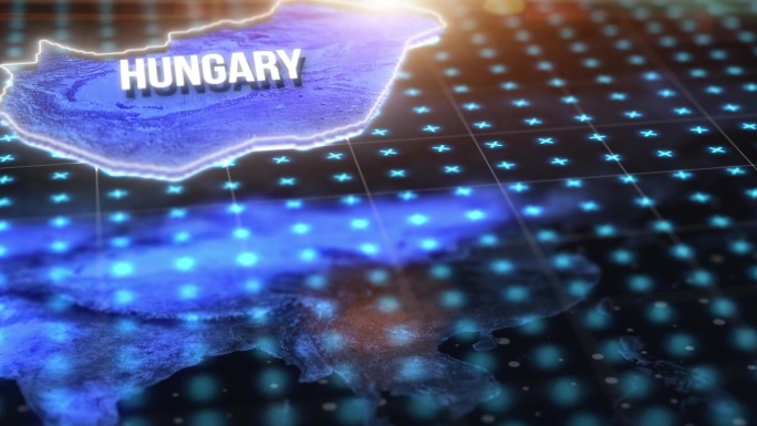 数字地图，国家位置和全息图匈牙利在蓝色的光，gps pin和3d渲染。雷达、虚拟现实或hud坐标模拟