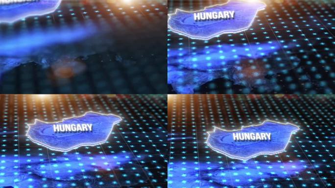 数字地图，国家位置和全息图匈牙利在蓝色的光，gps pin和3d渲染。雷达、虚拟现实或hud坐标模拟