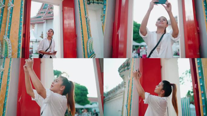 在泰国旅游期间，一名亚洲女子抵达泰国，并在迷人的寺庙拍照。
