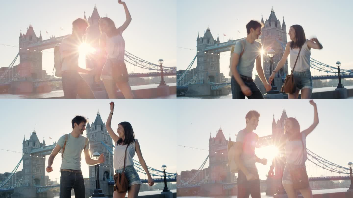 幸福的情侣在城市里傻乎乎地跳着自由舞，庆祝伦敦脱欧概念