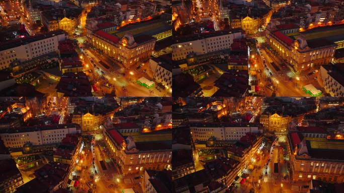 波尔图城市夜景的无人机视图