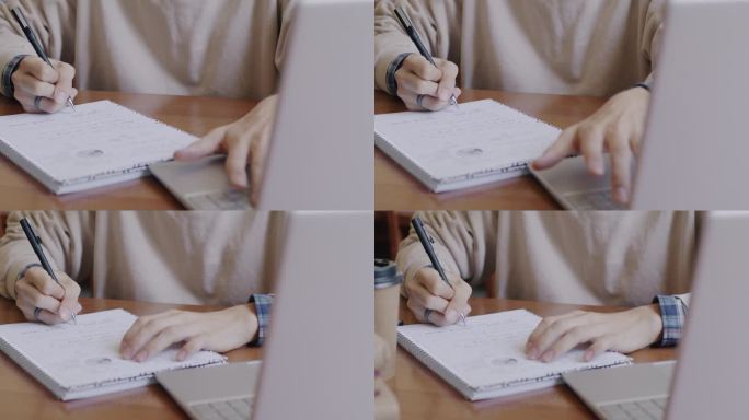 男性在校学习时在笔记本上写字和使用笔记本电脑的特写