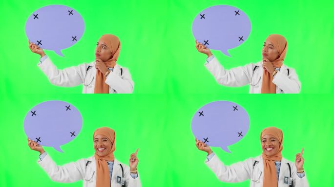 创意、演讲泡沫和绿屏上长着穆斯林女人脸的医生，用于模型、计划和决策。医学，保健和医学与人物肖像在工作