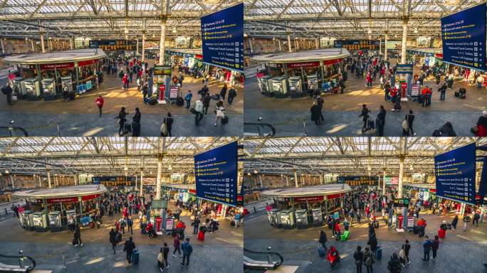 在英国苏格兰爱丁堡的韦弗利火车站，拥挤的乘客和通勤者步行前往过境