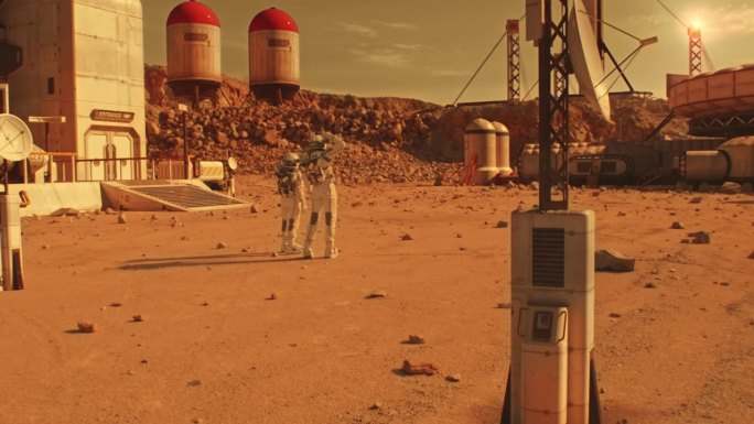 两名宇航员在研究站的火星表面行走