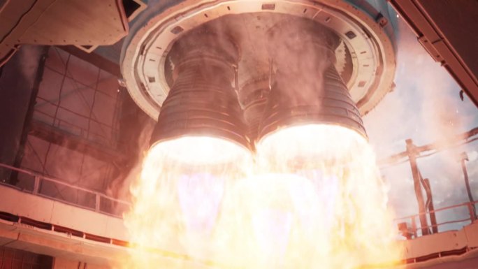 火箭发动机点火的特写镜头。初始脉冲后，喷口喷出强大而炽热的火焰。太空探索火箭发射。火箭下面的摄像机。